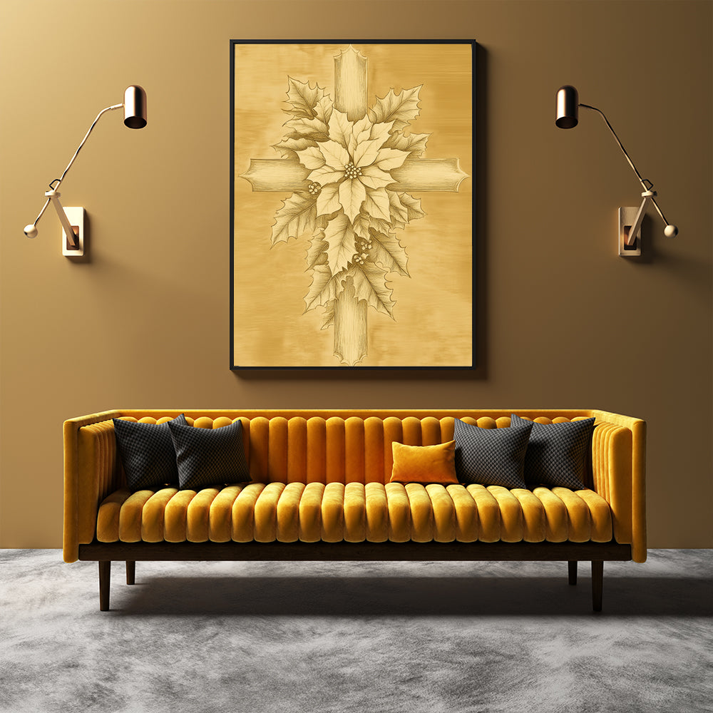 Golden Poinsettia Cross Canvas Wall Art