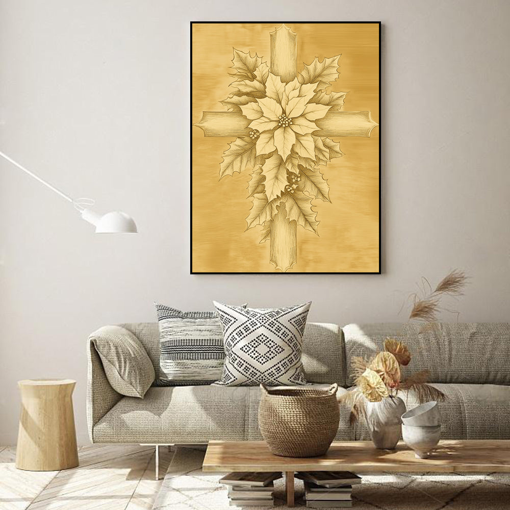 Golden Poinsettia Cross Canvas Wall Art