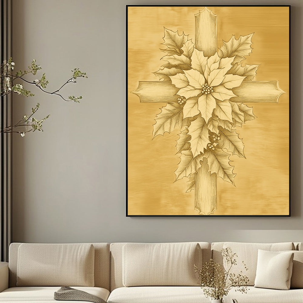Golden Poinsettia Cross Canvas Wall Art