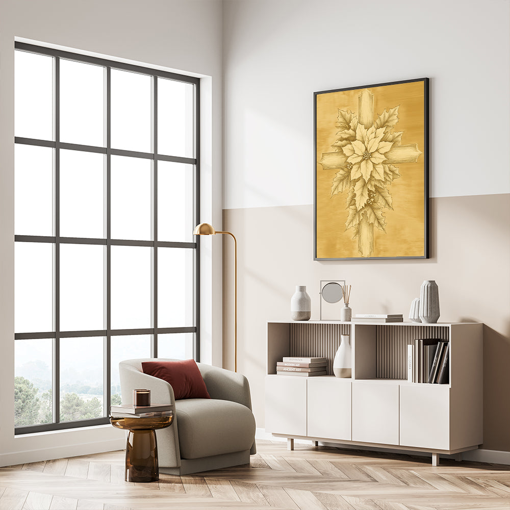 Golden Poinsettia Cross Canvas Wall Art