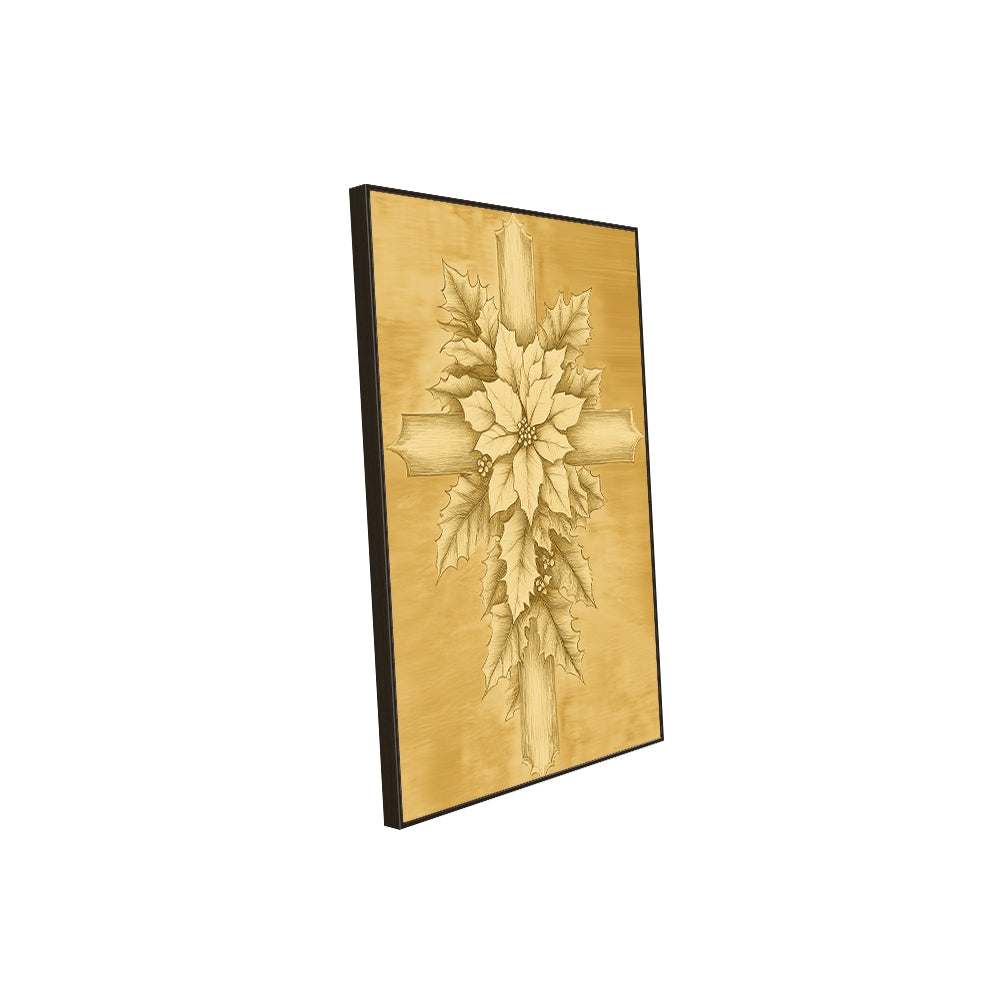Golden Poinsettia Cross Canvas Wall Art