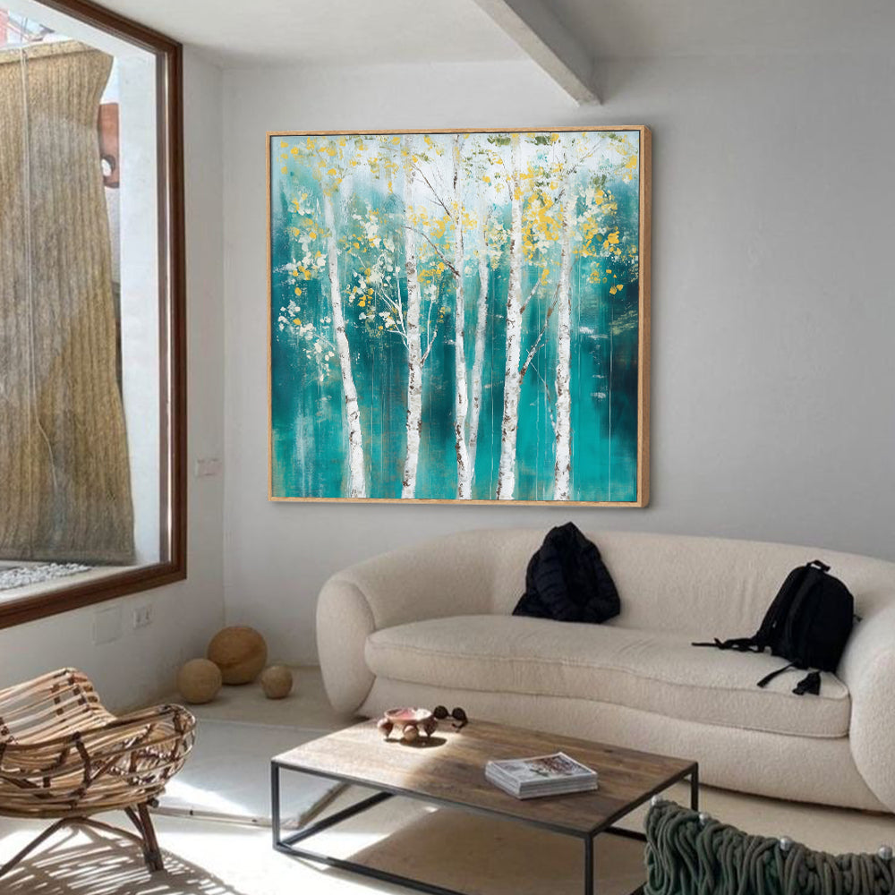Serene Birch Forest - Tranquil Teal And Gold Landscape Canvas Wall Art