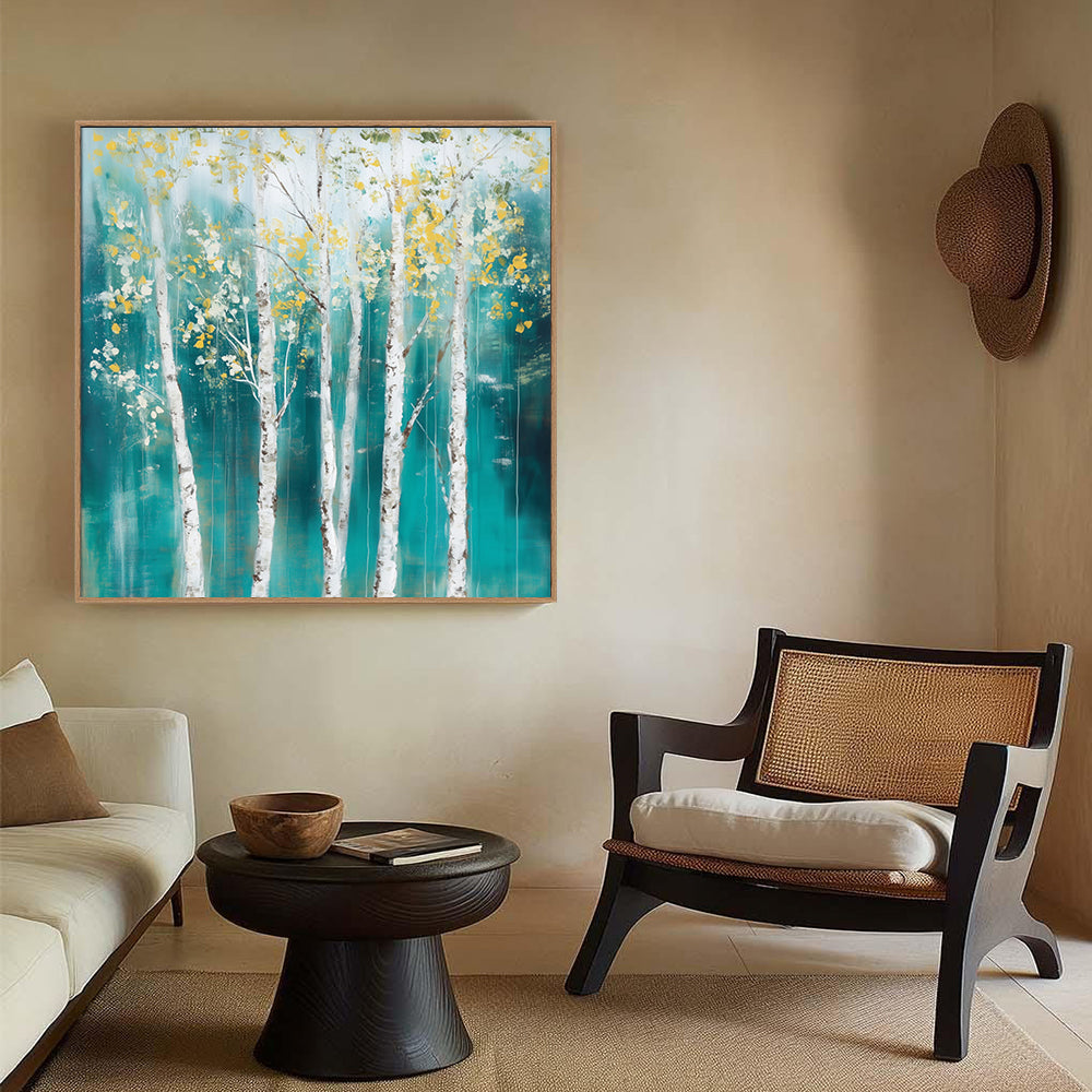 Serene Birch Forest - Tranquil Teal And Gold Landscape Canvas Wall Art