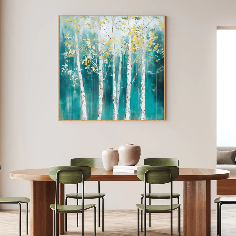 Serene Birch Forest - Tranquil Teal And Gold Landscape Canvas Wall Art