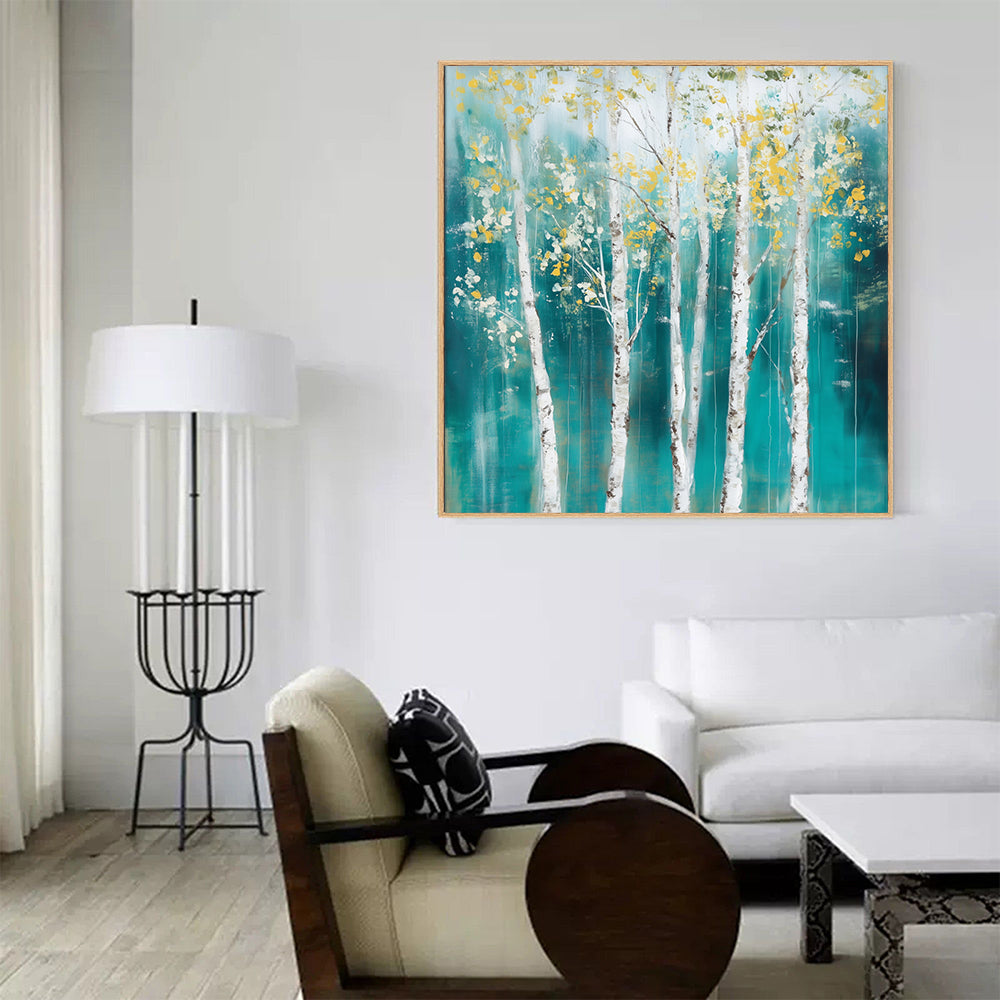 Serene Birch Forest - Tranquil Teal And Gold Landscape Canvas Wall Art
