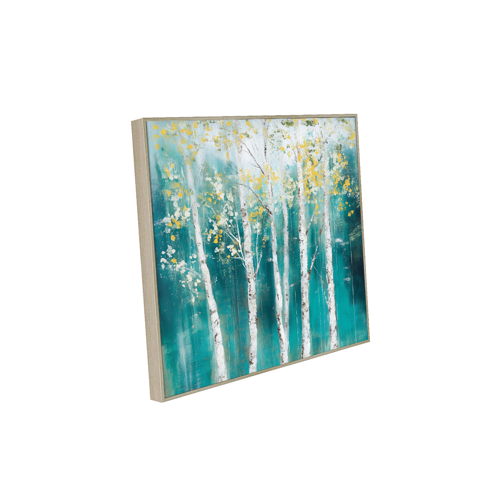 Serene Birch Forest - Tranquil Teal And Gold Landscape Canvas Wall Art