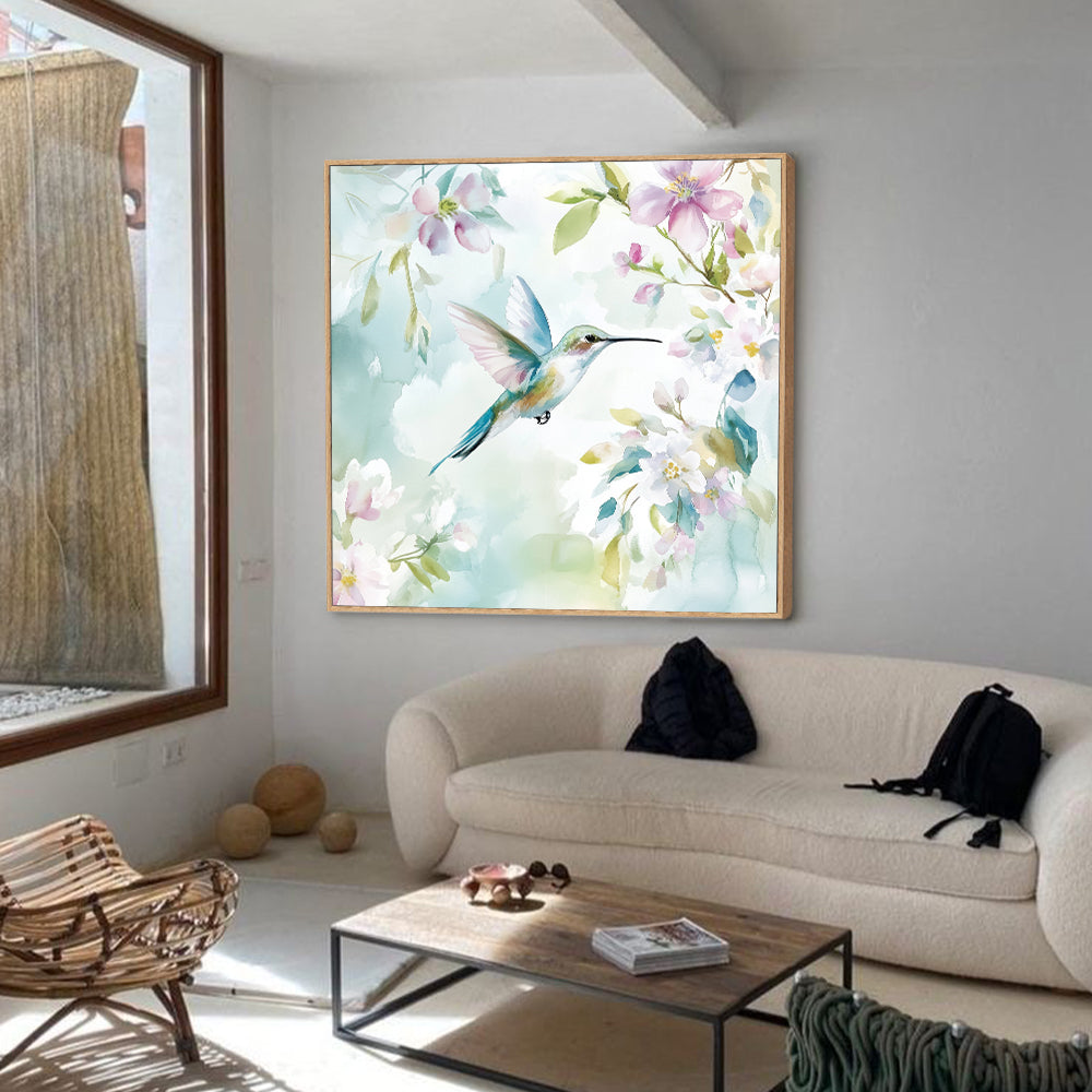 Hummingbird Haven - Watercolor Floral Scene Canvas Wall Art