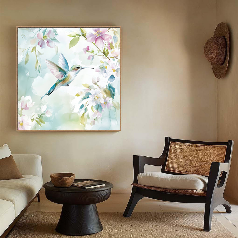 Hummingbird Haven - Watercolor Floral Scene Canvas Wall Art