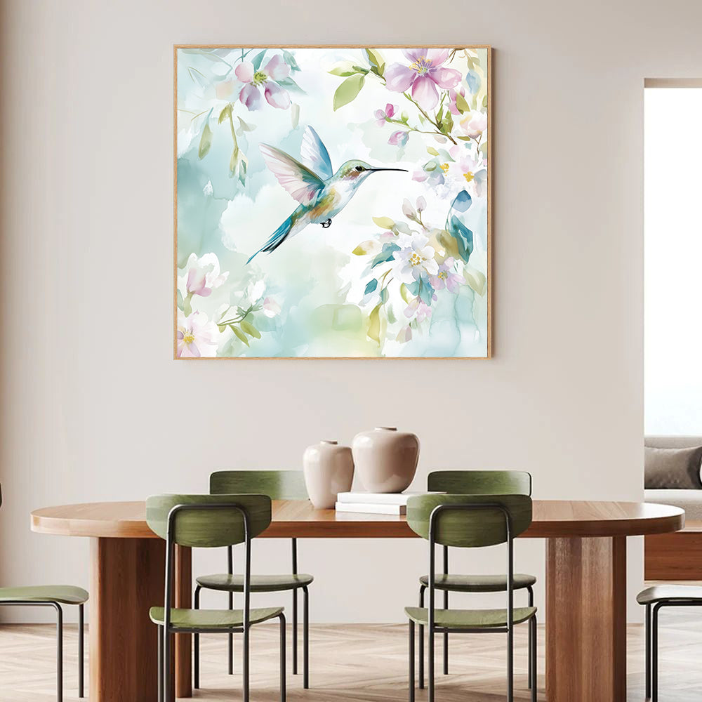 Hummingbird Haven - Watercolor Floral Scene Canvas Wall Art