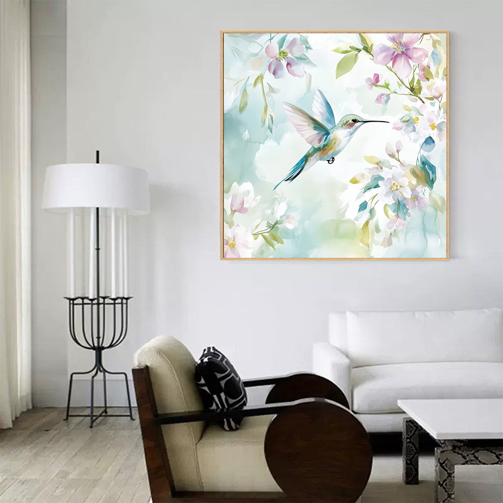 Hummingbird Haven - Watercolor Floral Scene Canvas Wall Art