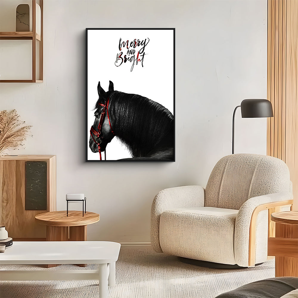 Merry And Bright – Elegant Black Horse Christmas Canvas Wall Art
