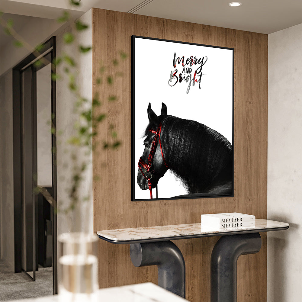 Merry And Bright – Elegant Black Horse Christmas Canvas Wall Art
