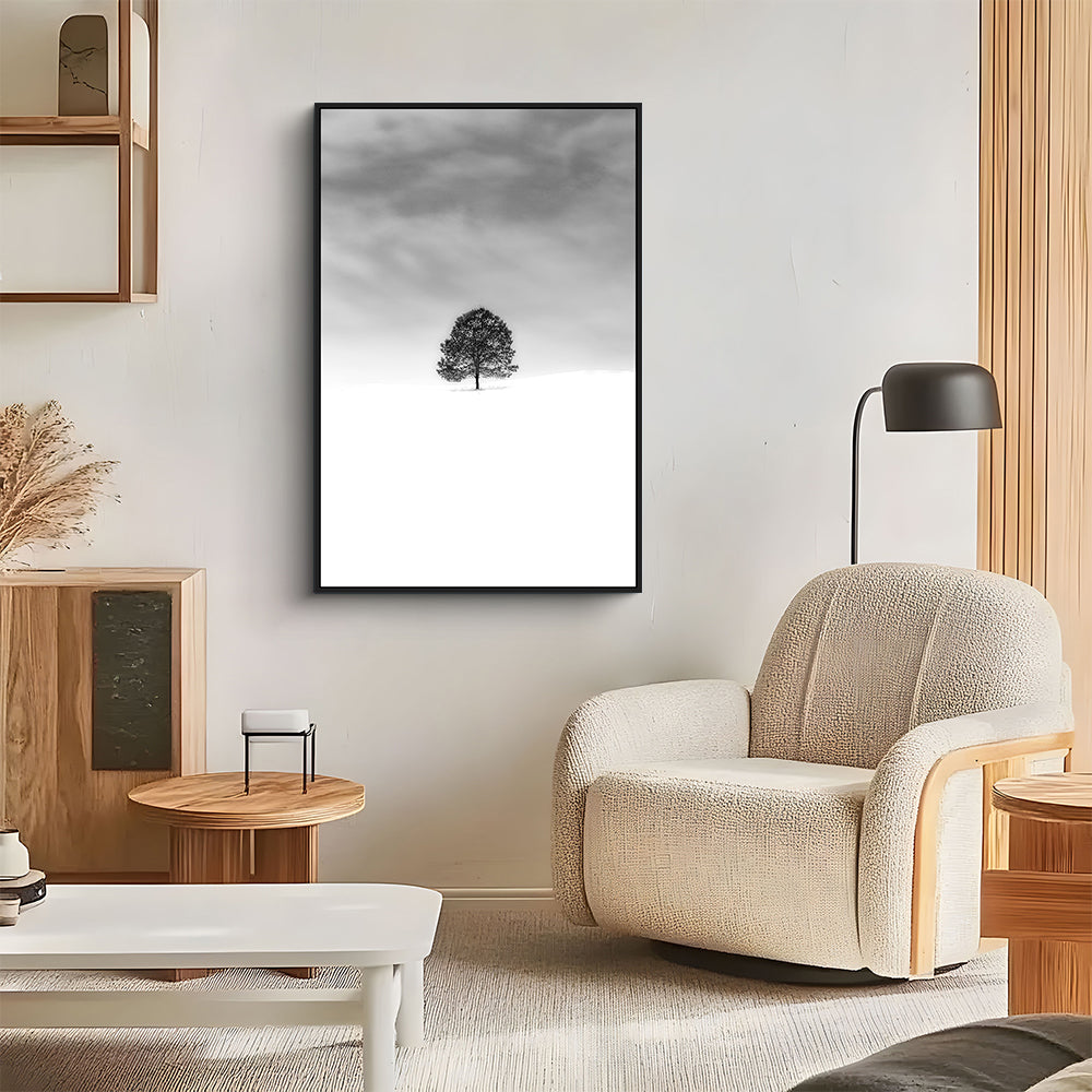 Solitary Tree In Winter – Minimalist Black & White Canvas Wall Art