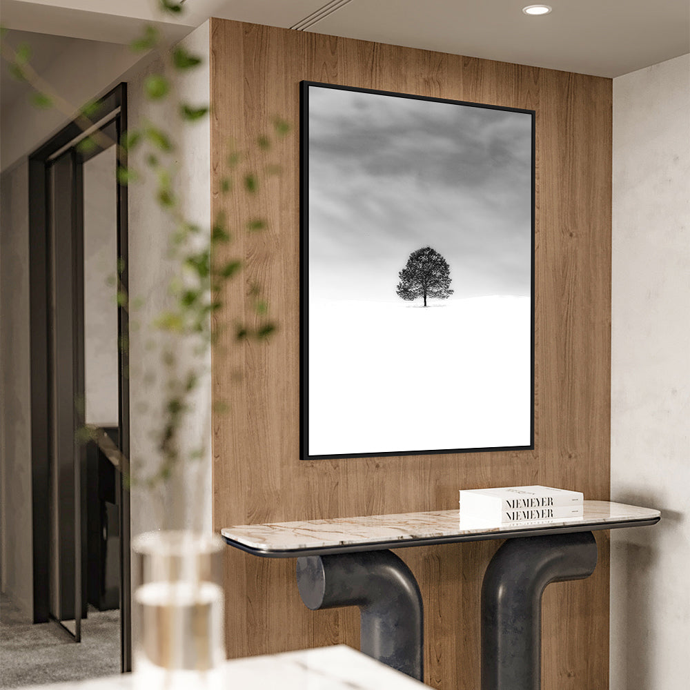 Solitary Tree In Winter – Minimalist Black & White Canvas Wall Art