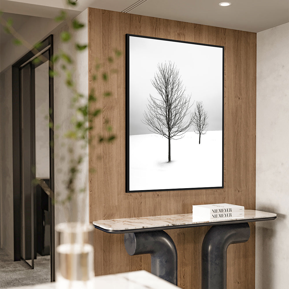 Minimalist Winter Landscape – Black & White Snowy Trees Canvas Wall Art