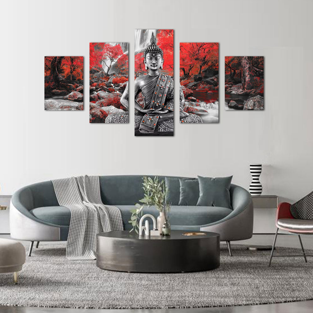 Zen Buddha with Red Forest Canvas Wall Art