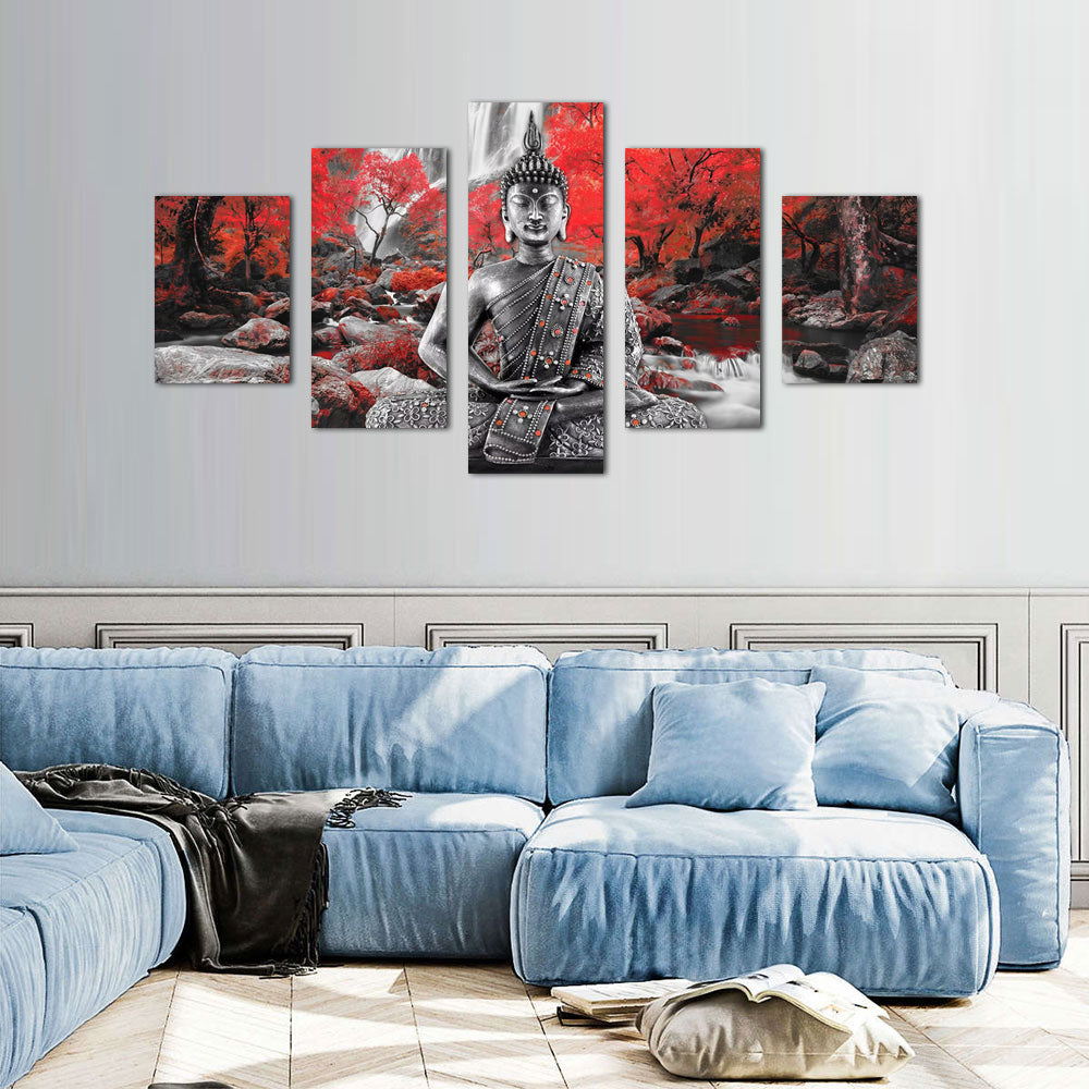 Zen Buddha with Red Forest Canvas Wall Art