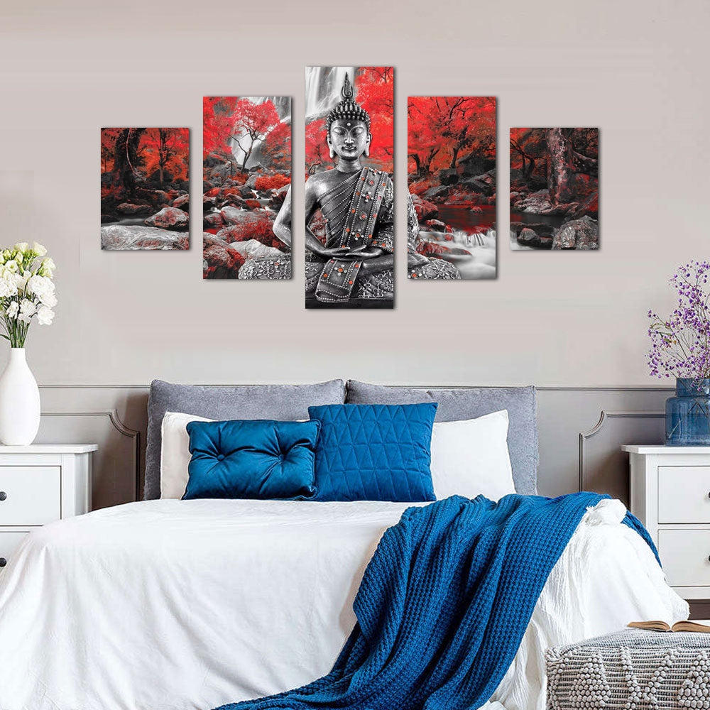 Zen Buddha with Red Forest Canvas Wall Art