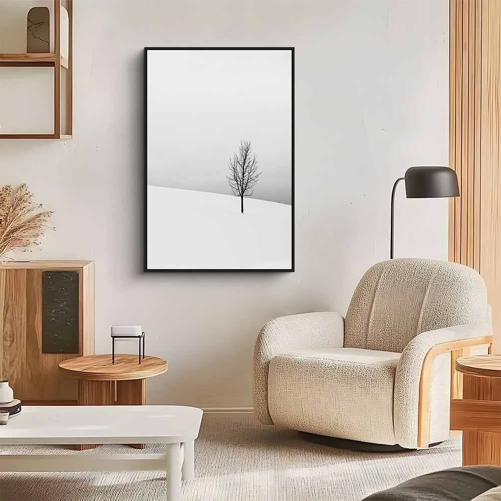 Minimalist Winter Tree – Serene Snow Landscape Canvas Wall Art