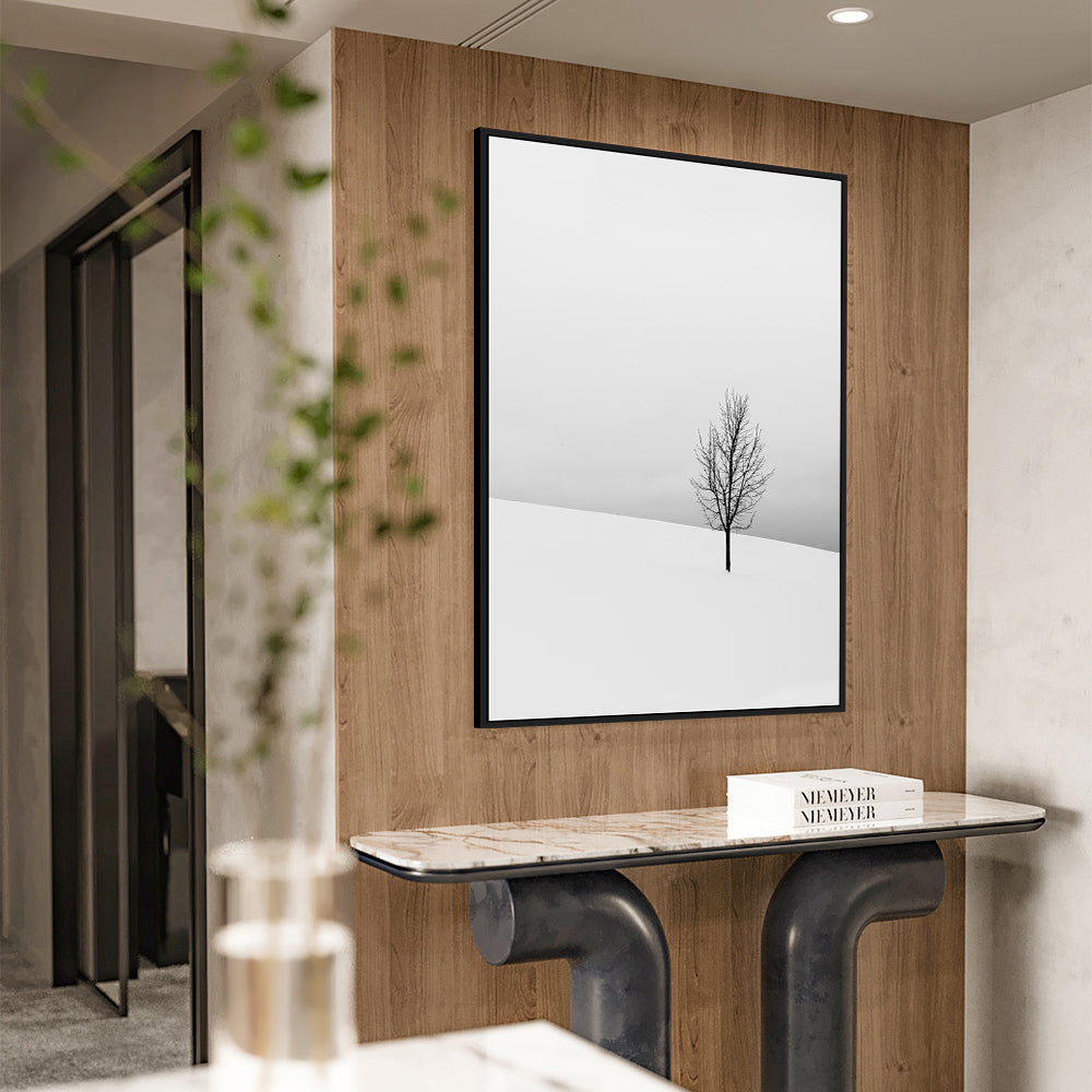 Minimalist Winter Tree – Serene Snow Landscape Canvas Wall Art