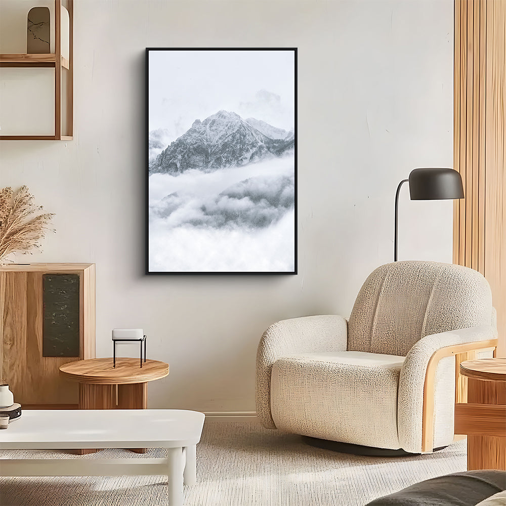 Serene Mountain Mist – Snowy Peaks In The Clouds Canvas Wall Art
