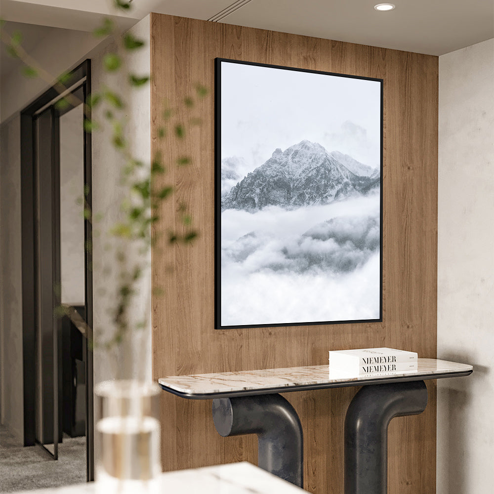 Serene Mountain Mist – Snowy Peaks In The Clouds Canvas Wall Art