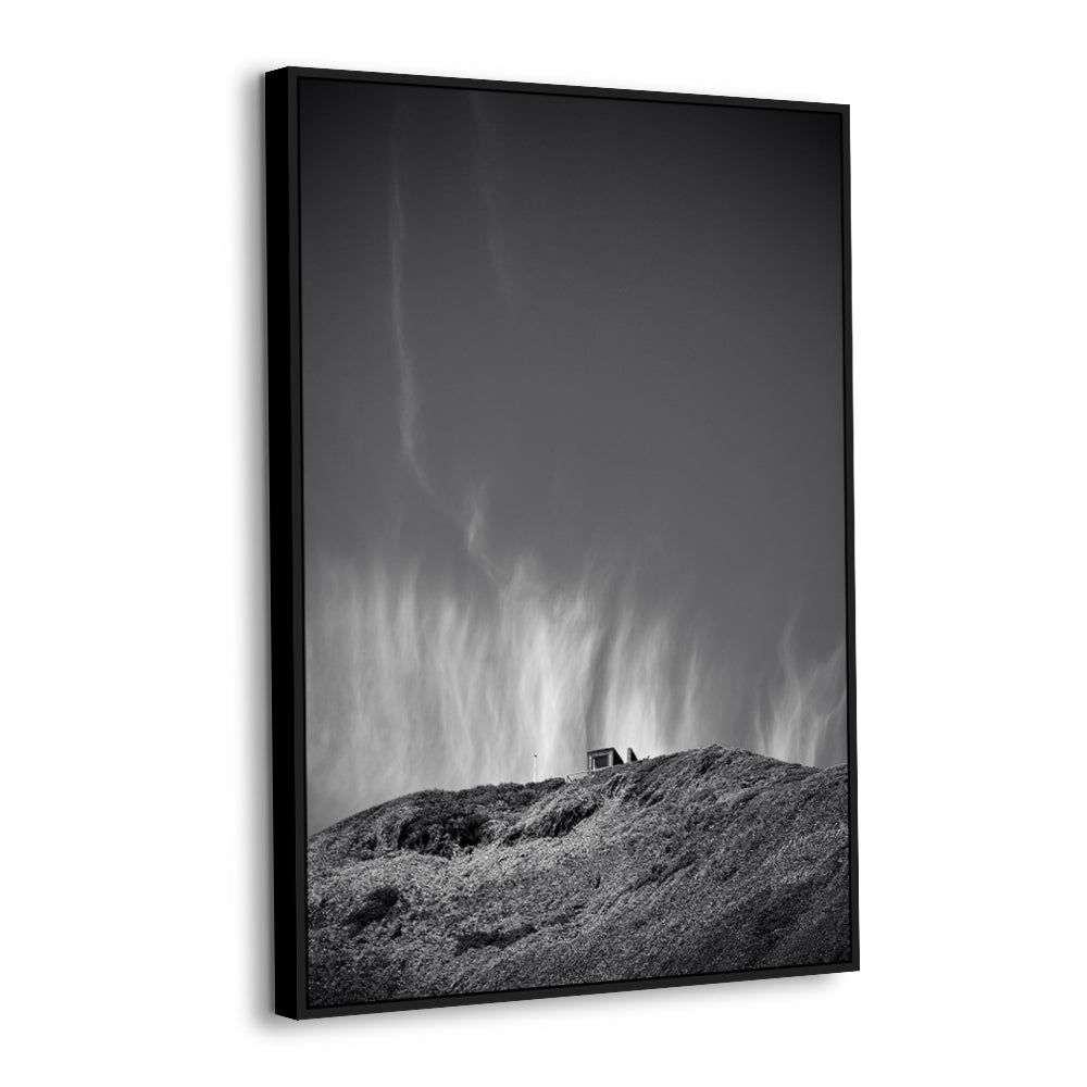 Minimalist Black & White Landscape – Serene Hilltop with Dramatic Sky Canvas Wall Art