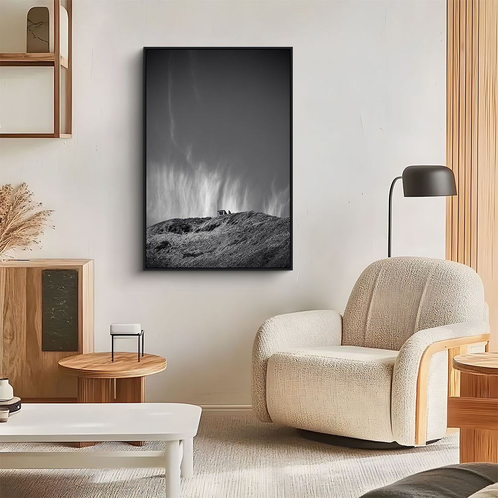 Minimalist Black & White Landscape – Serene Hilltop with Dramatic Sky Canvas Wall Art