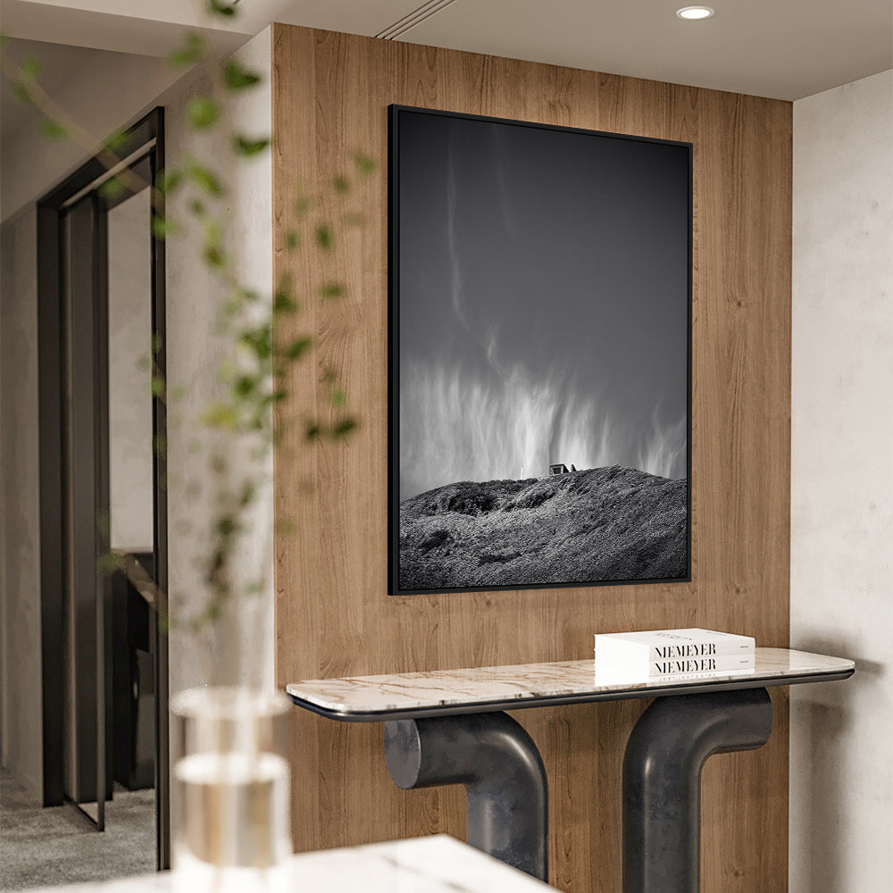 Minimalist Black & White Landscape – Serene Hilltop with Dramatic Sky Canvas Wall Art