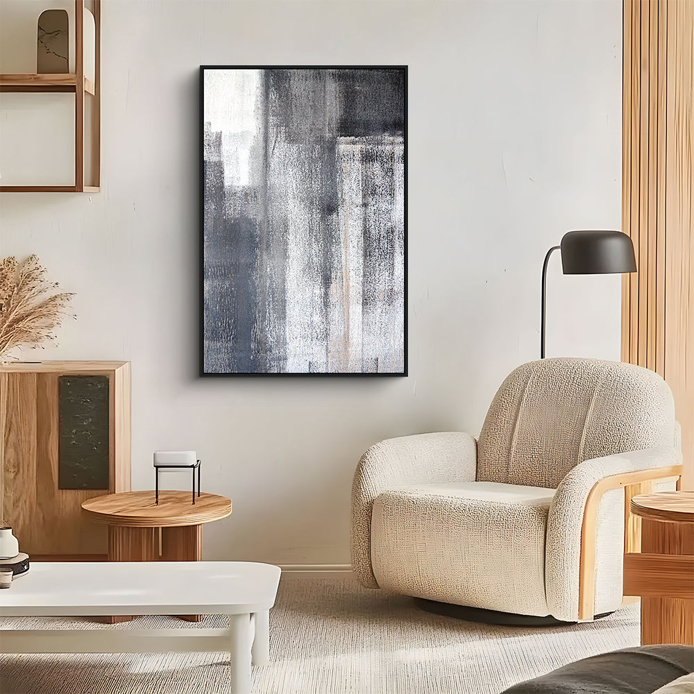 Modern Abstract Black and Gray Framed Canvas Wall Art