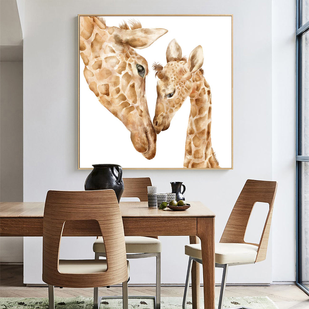 Loving Giraffes Watercolor Canvas Wall Art – Mother & Baby Wildlife Painting