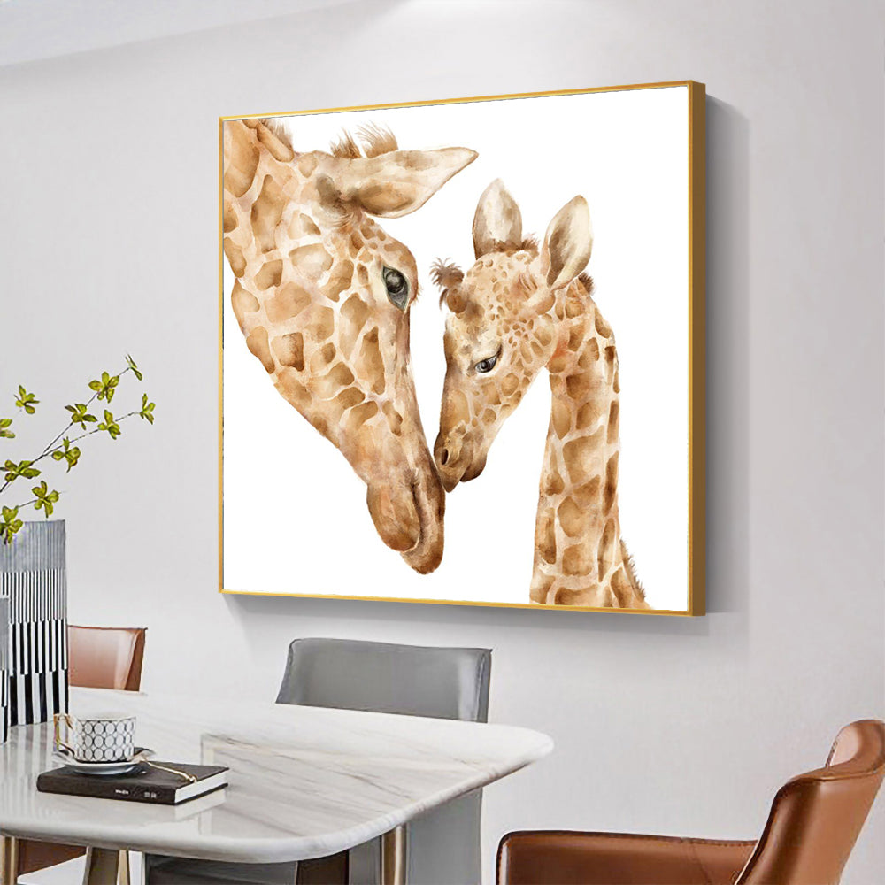Loving Giraffes Watercolor Canvas Wall Art – Mother & Baby Wildlife Painting