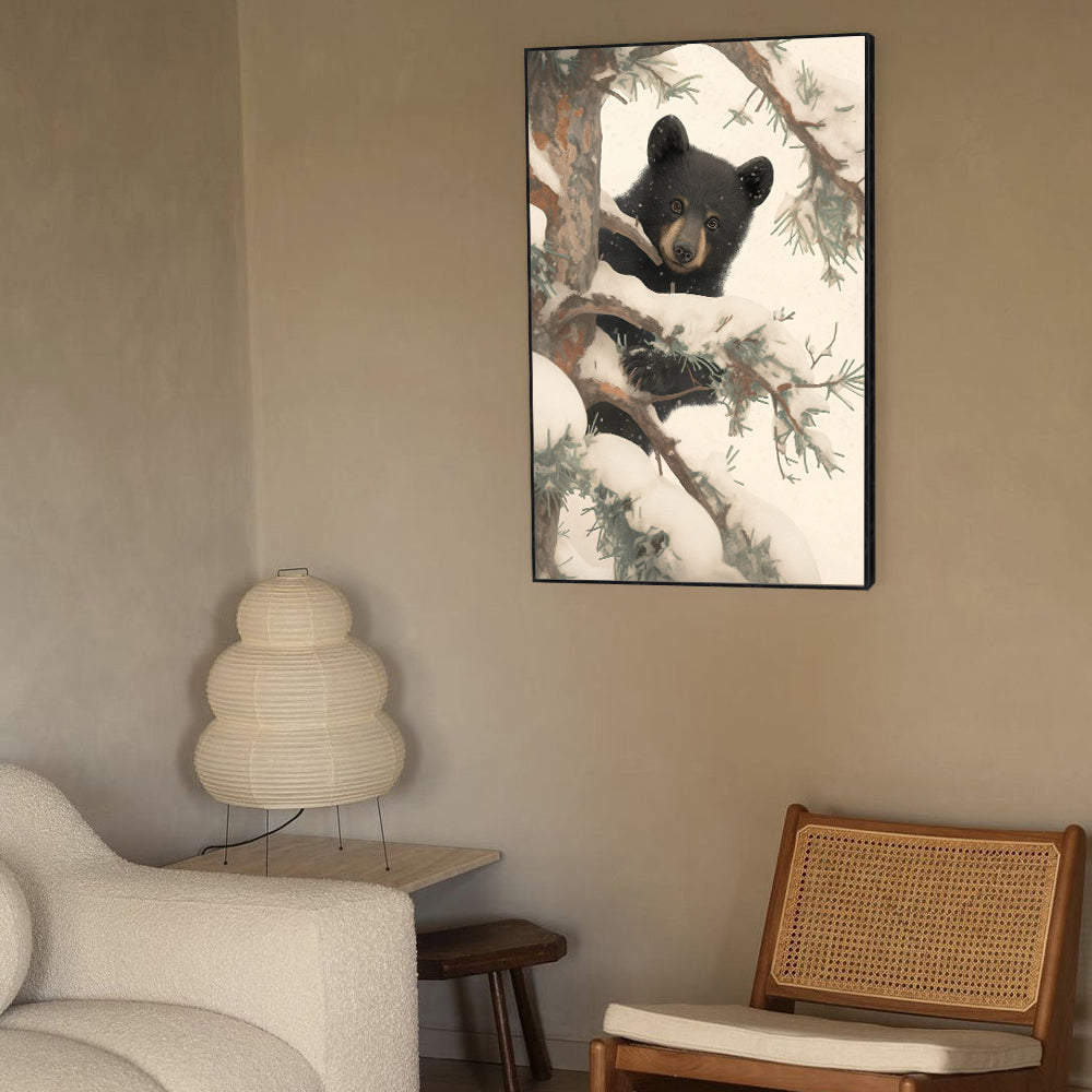 Playful Black Bear In Winter Canvas – Whimsical Wildlife Art