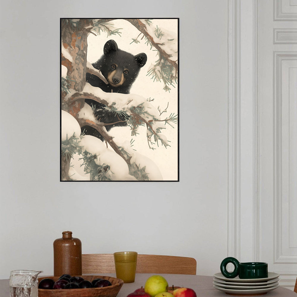 Playful Black Bear In Winter Canvas – Whimsical Wildlife Art