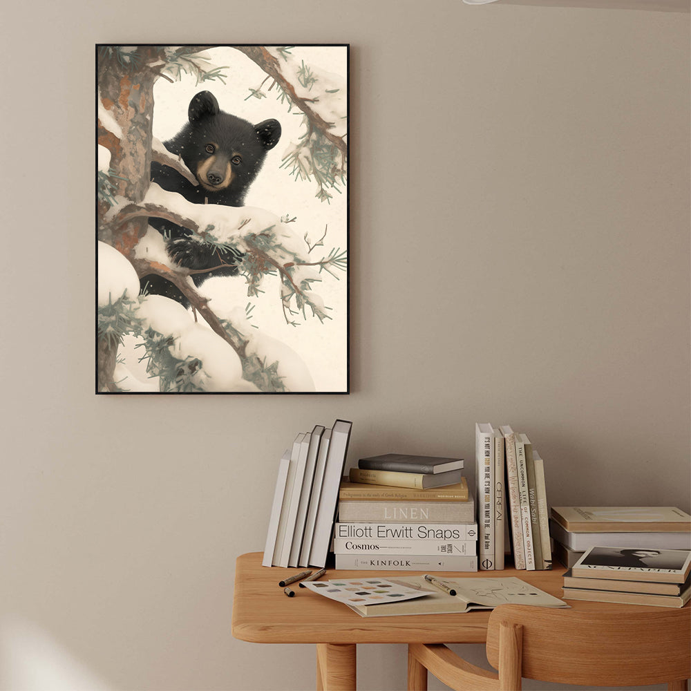 Playful Black Bear In Winter Canvas – Whimsical Wildlife Art