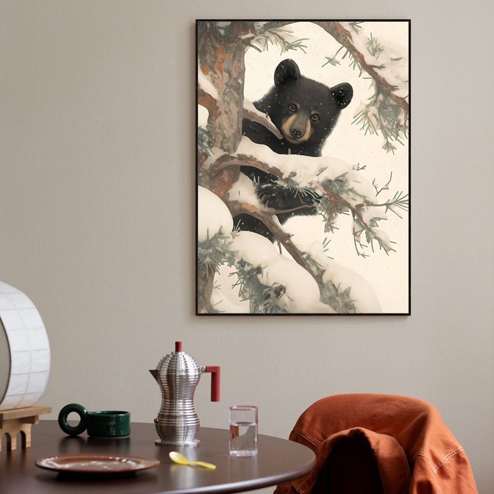 Playful Black Bear In Winter Canvas – Whimsical Wildlife Art