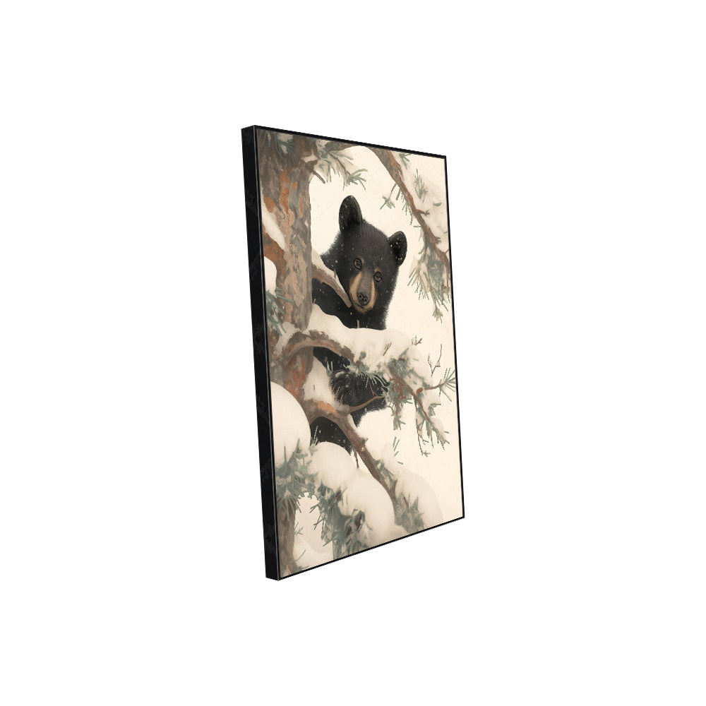 Playful Black Bear In Winter Canvas – Whimsical Wildlife Art
