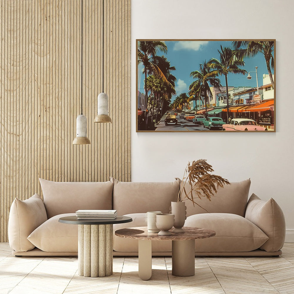 "Vintage Miami Vibes: Retro Street Scene Canvas Wall Art"