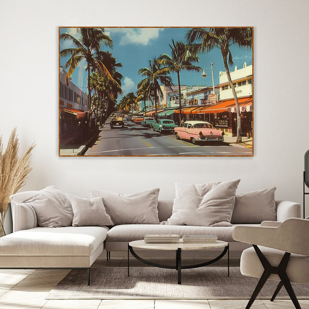 "Vintage Miami Vibes: Retro Street Scene Canvas Wall Art"