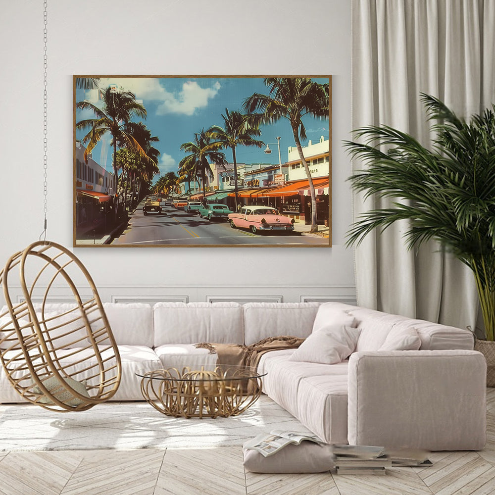 "Vintage Miami Vibes: Retro Street Scene Canvas Wall Art"