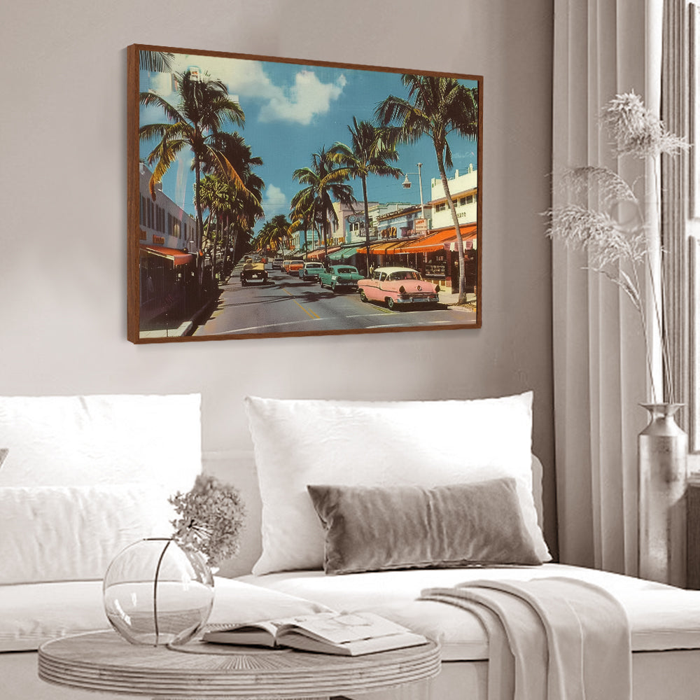 "Vintage Miami Vibes: Retro Street Scene Canvas Wall Art"