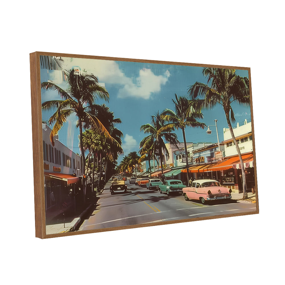 "Vintage Miami Vibes: Retro Street Scene Canvas Wall Art"