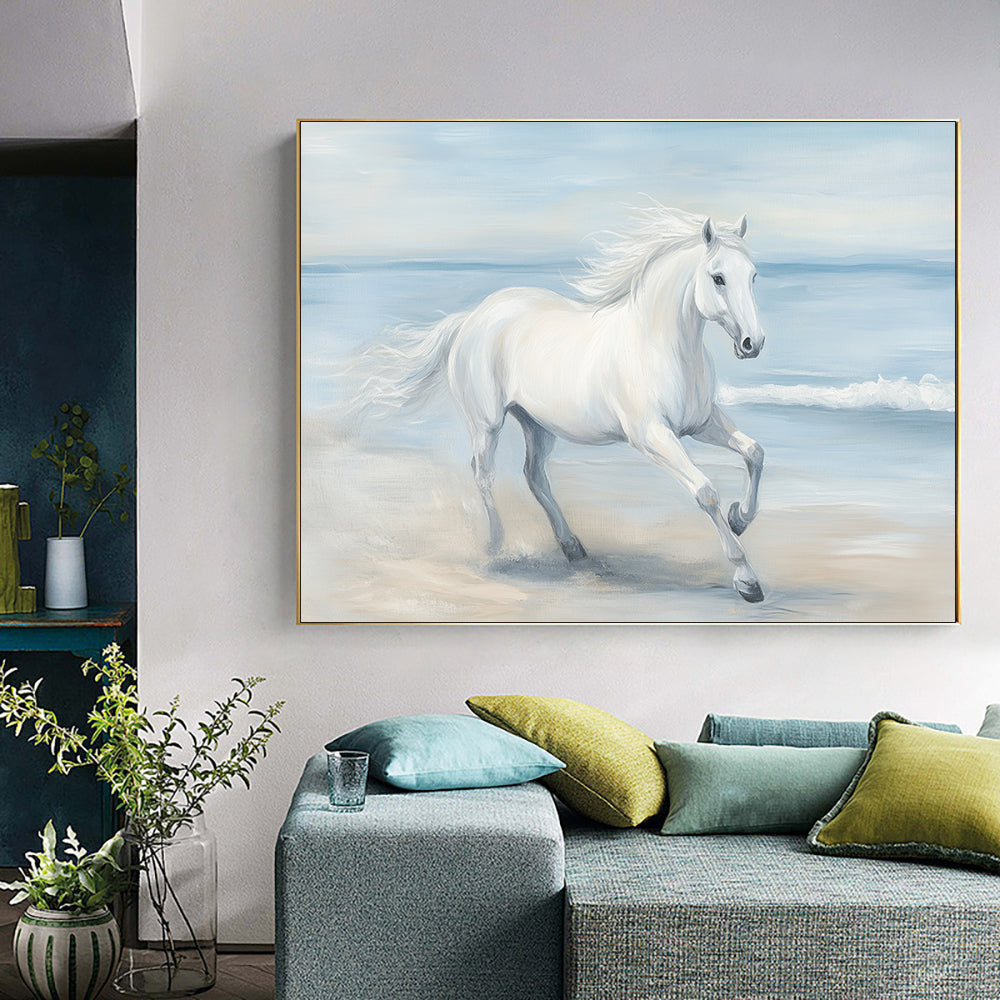 Majestic White Horse By The Sea Canvas Wall Art