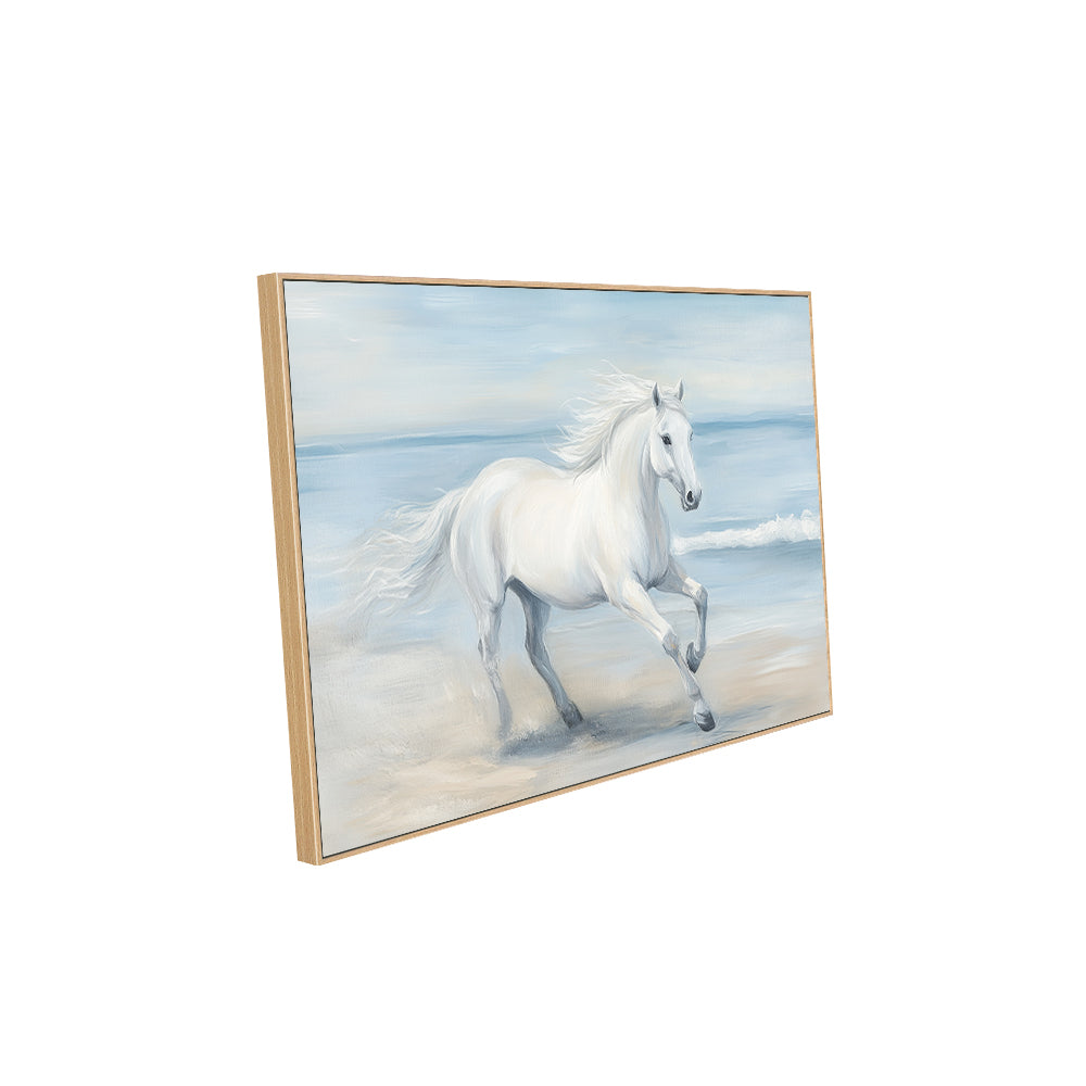 Majestic White Horse By The Sea Canvas Wall Art