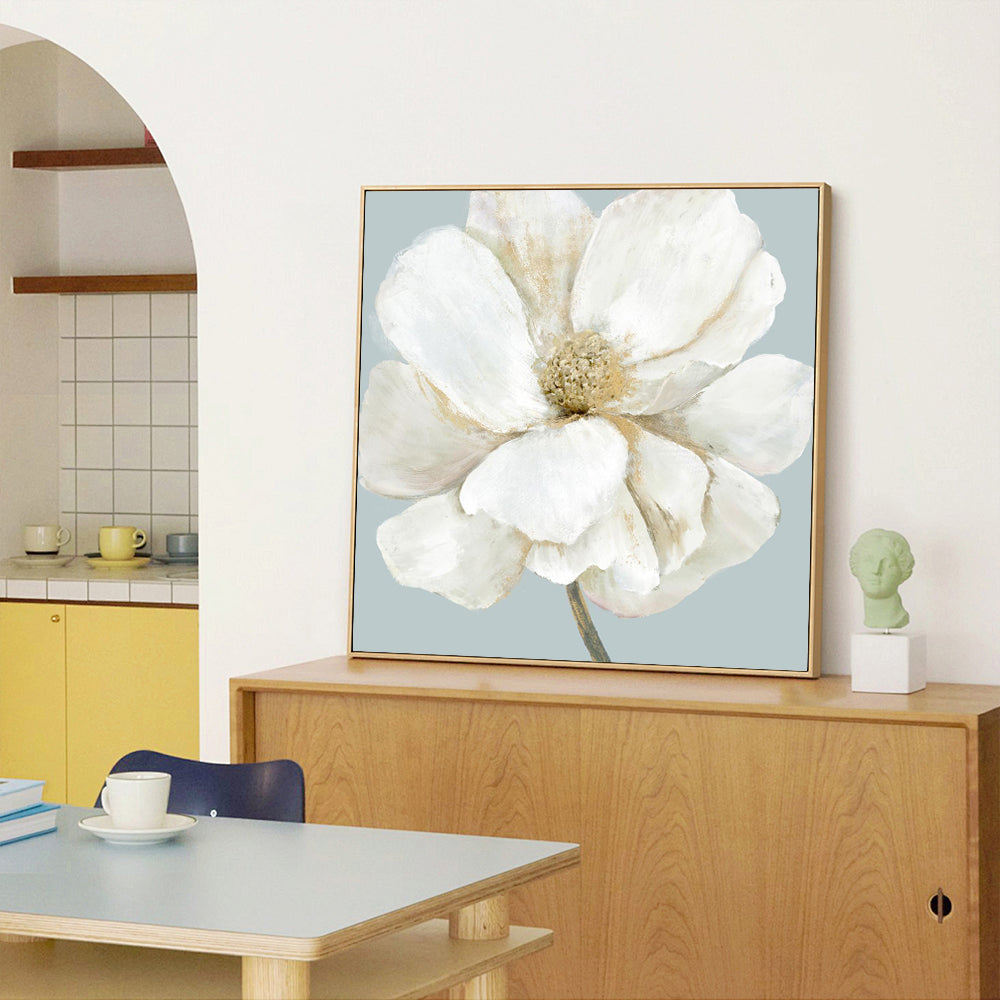 Elegant White Floral – Neutral Bloom On Soft Blue Background Canvas Wall Art
