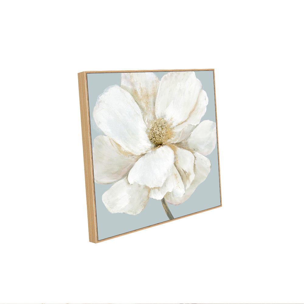 Elegant White Floral – Neutral Bloom On Soft Blue Background Canvas Wall Art
