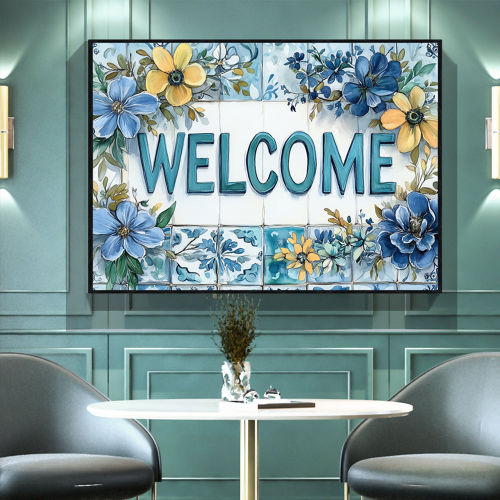 Elegant Floral Welcome Sign Canvas Wall Art