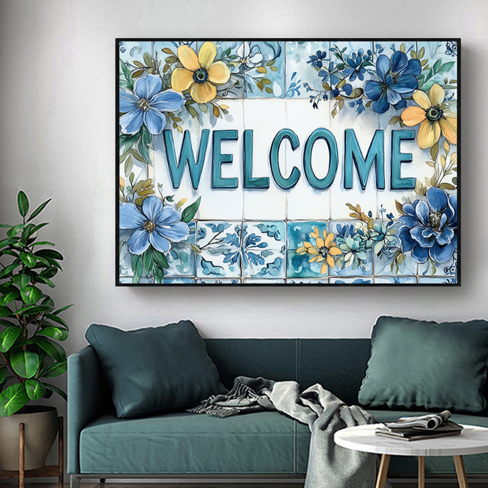 Elegant Floral Welcome Sign Canvas Wall Art