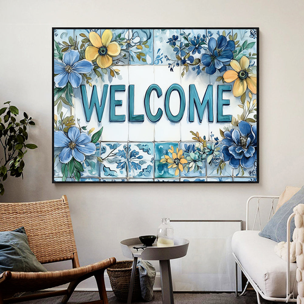 Elegant Floral Welcome Sign Canvas Wall Art
