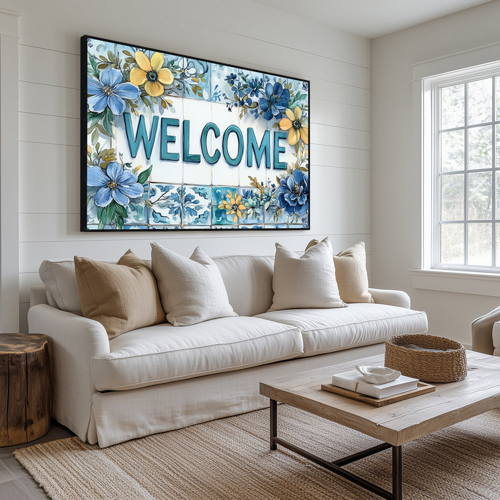 Elegant Floral Welcome Sign Canvas Wall Art